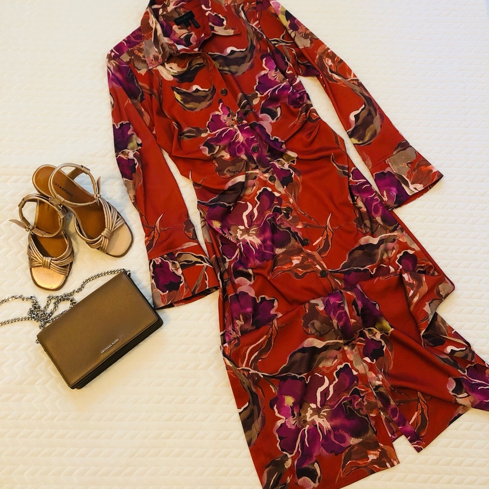 Donna Karan Red and Purple Floral Long Sleeve Dress